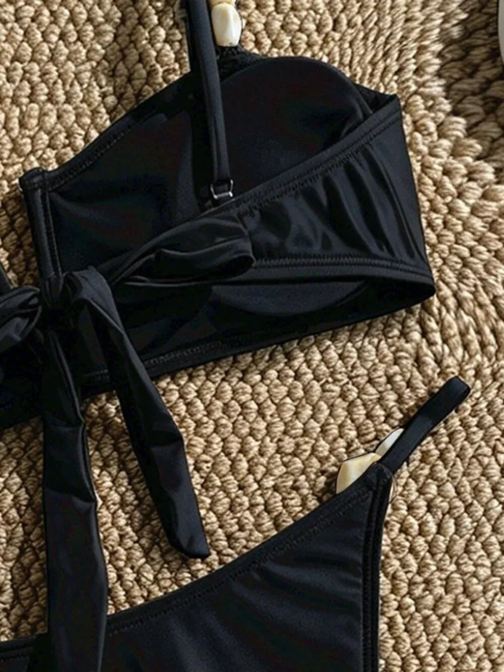 black Sexy Women's Beach Satin Shell Decor Bikini Set
